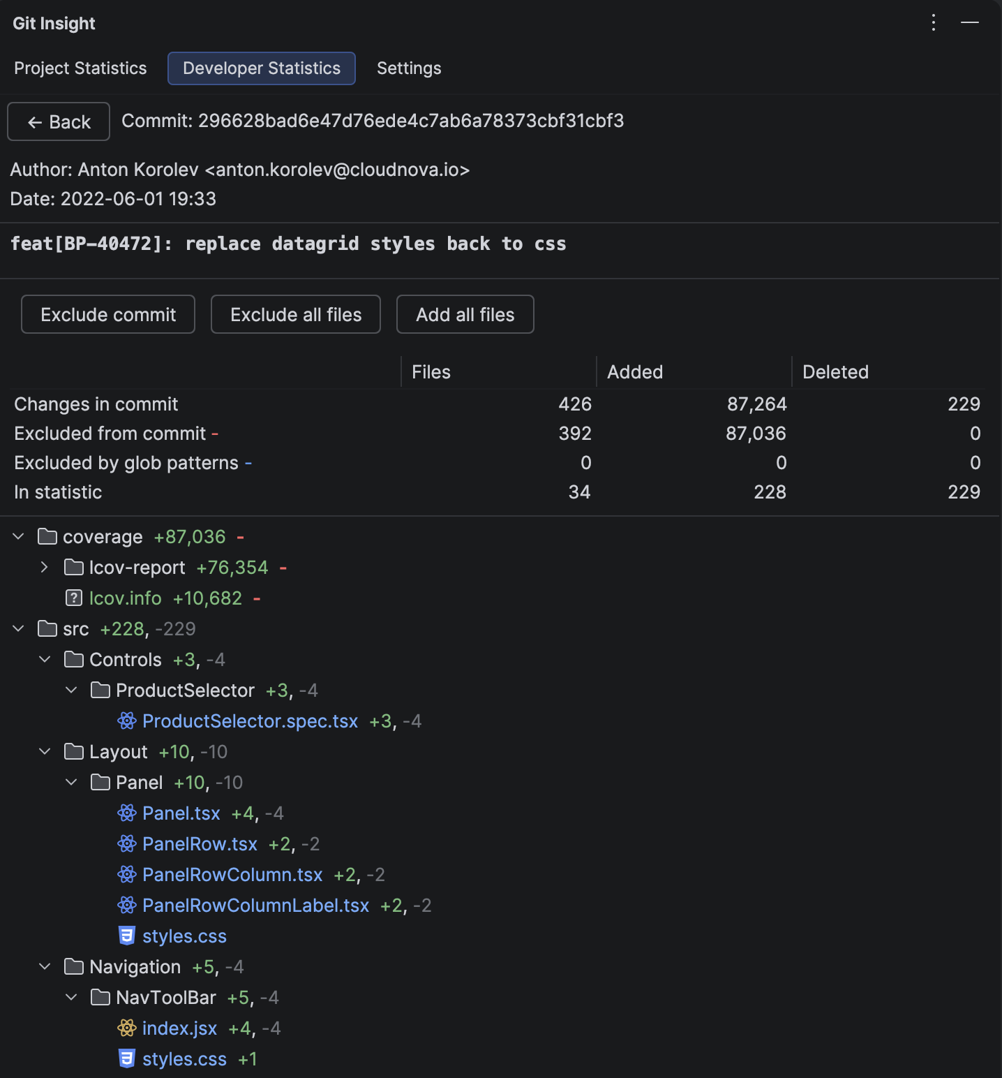 Commit Details after exclusion showing 34 remaining files with 228 added and 229 deleted lines