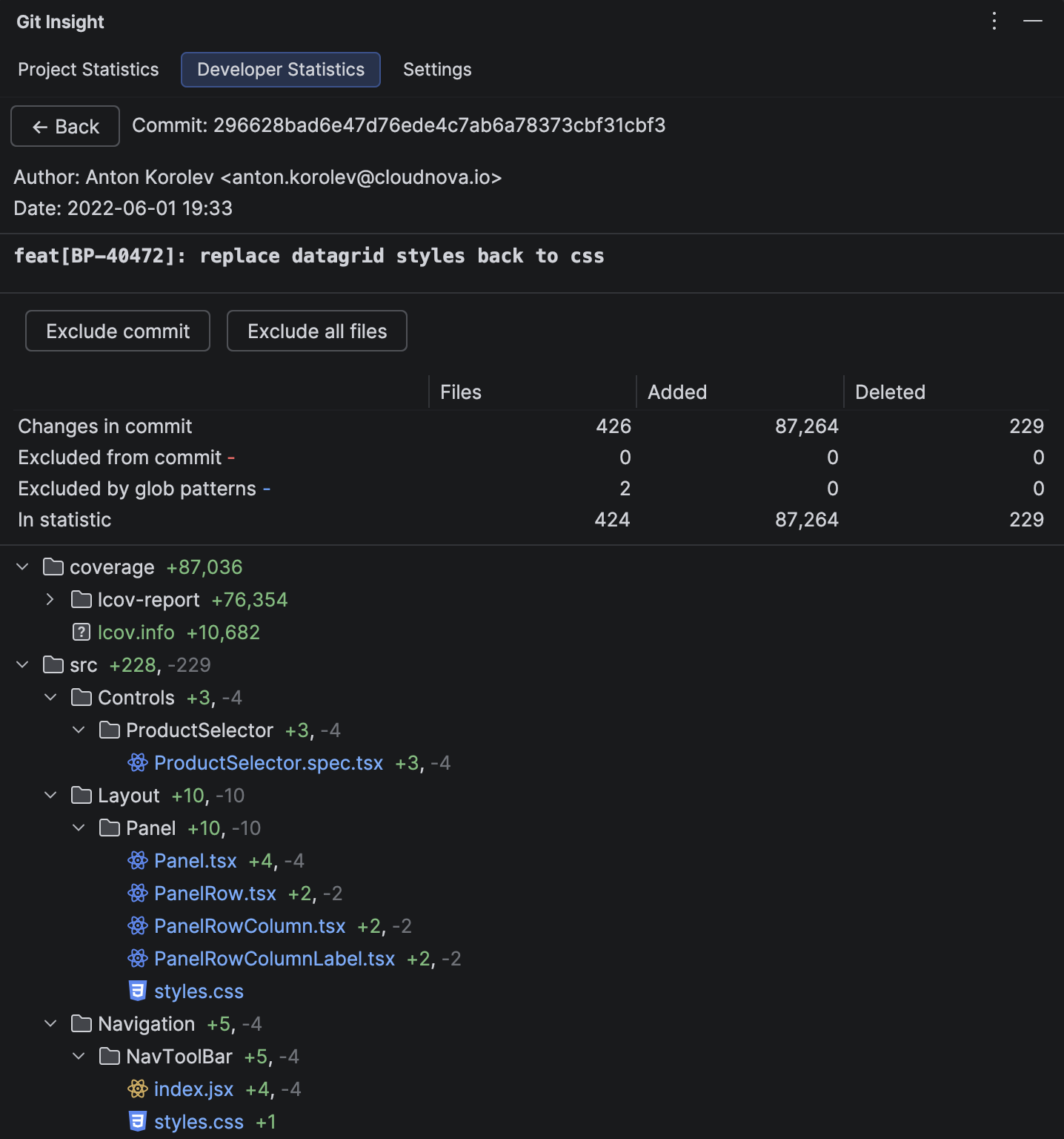 Commit Details showing coverage folder with 87,036 lines and src folder with 228 lines