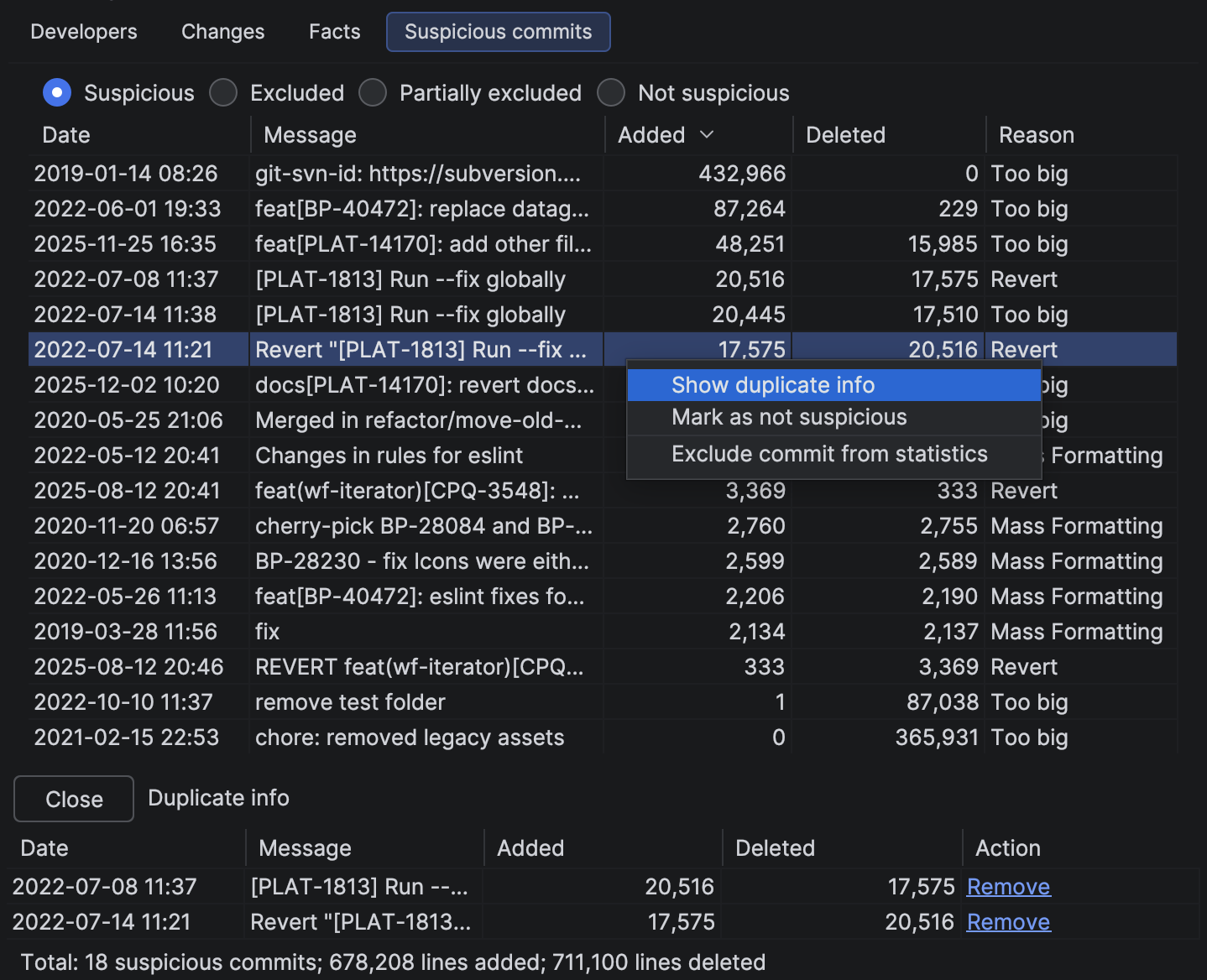 Context menu with Show duplicate info option and the duplicate comparison panel