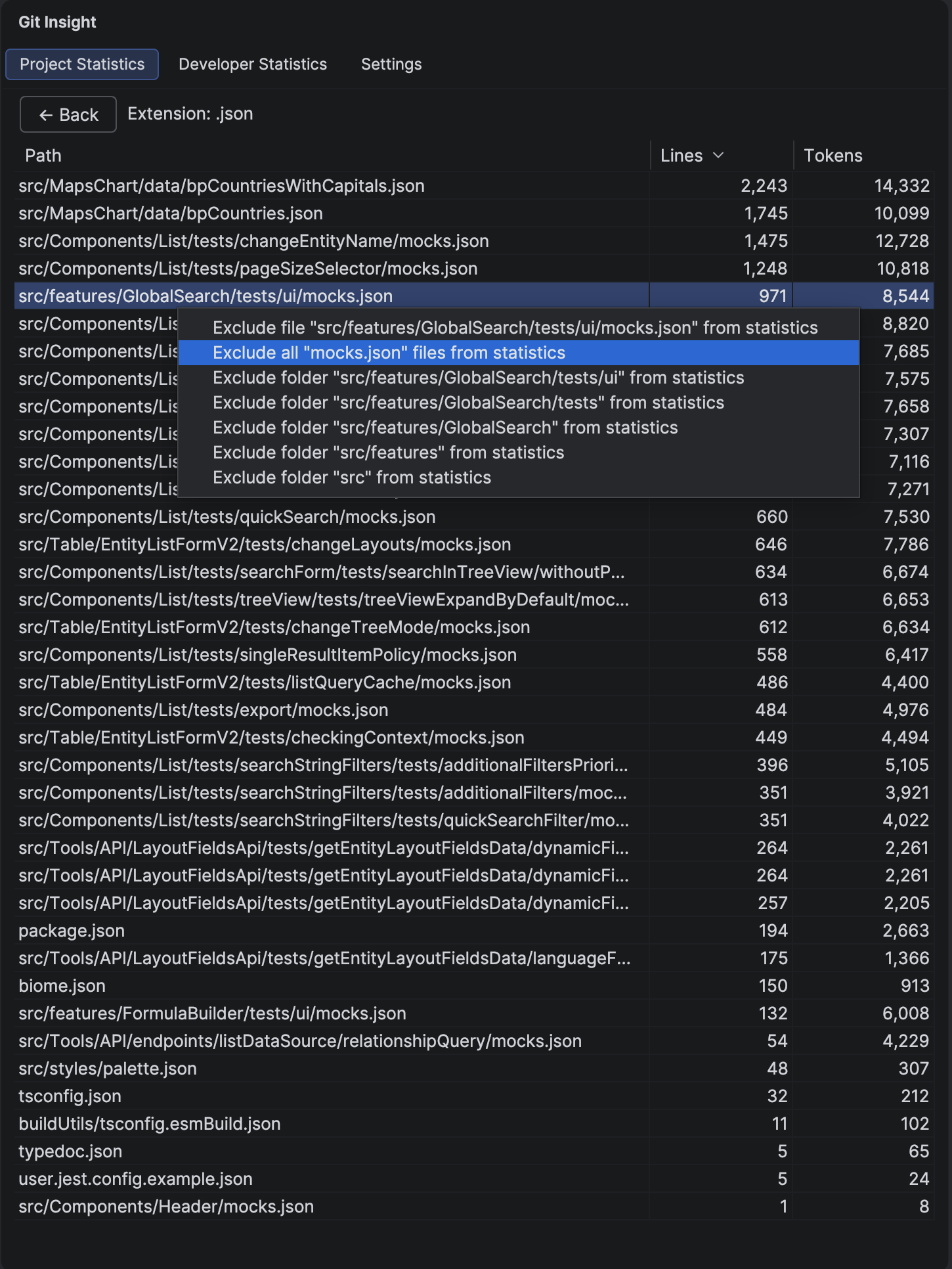 Extension Details panel showing .json files with smart exclusion context menu