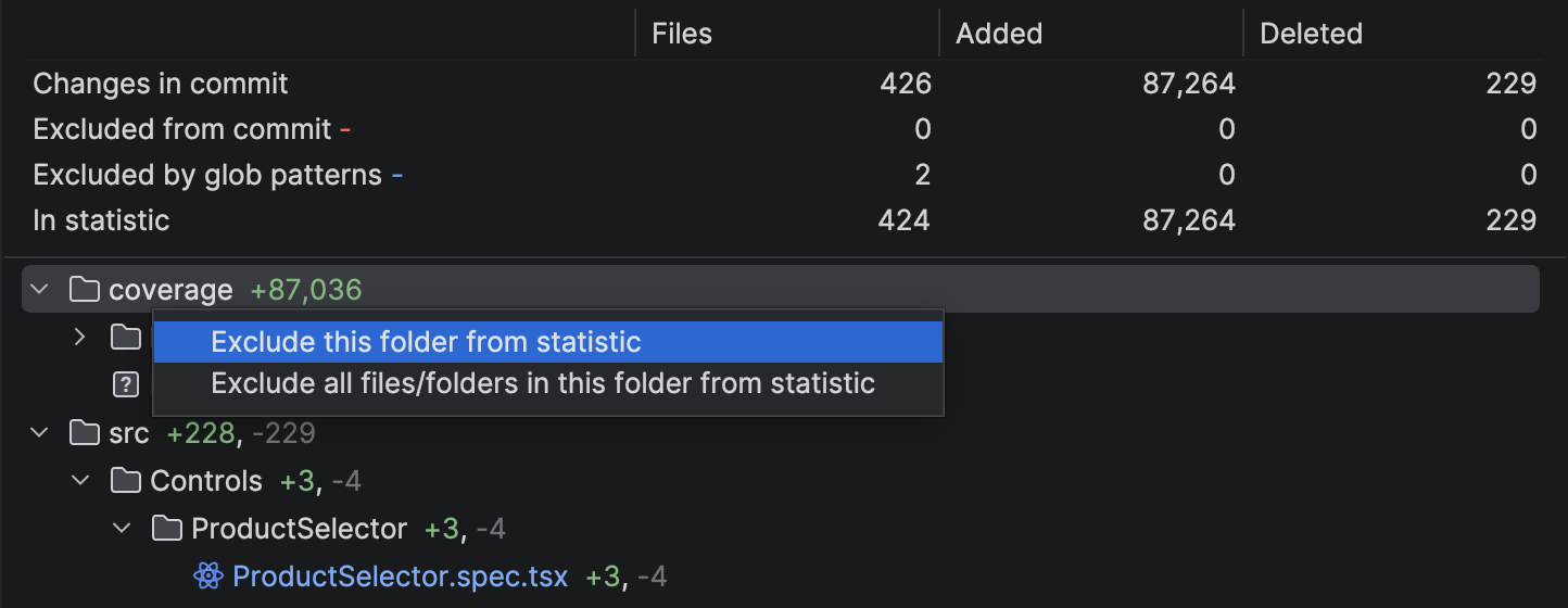 Context menu on coverage folder with Exclude this folder from statistic option