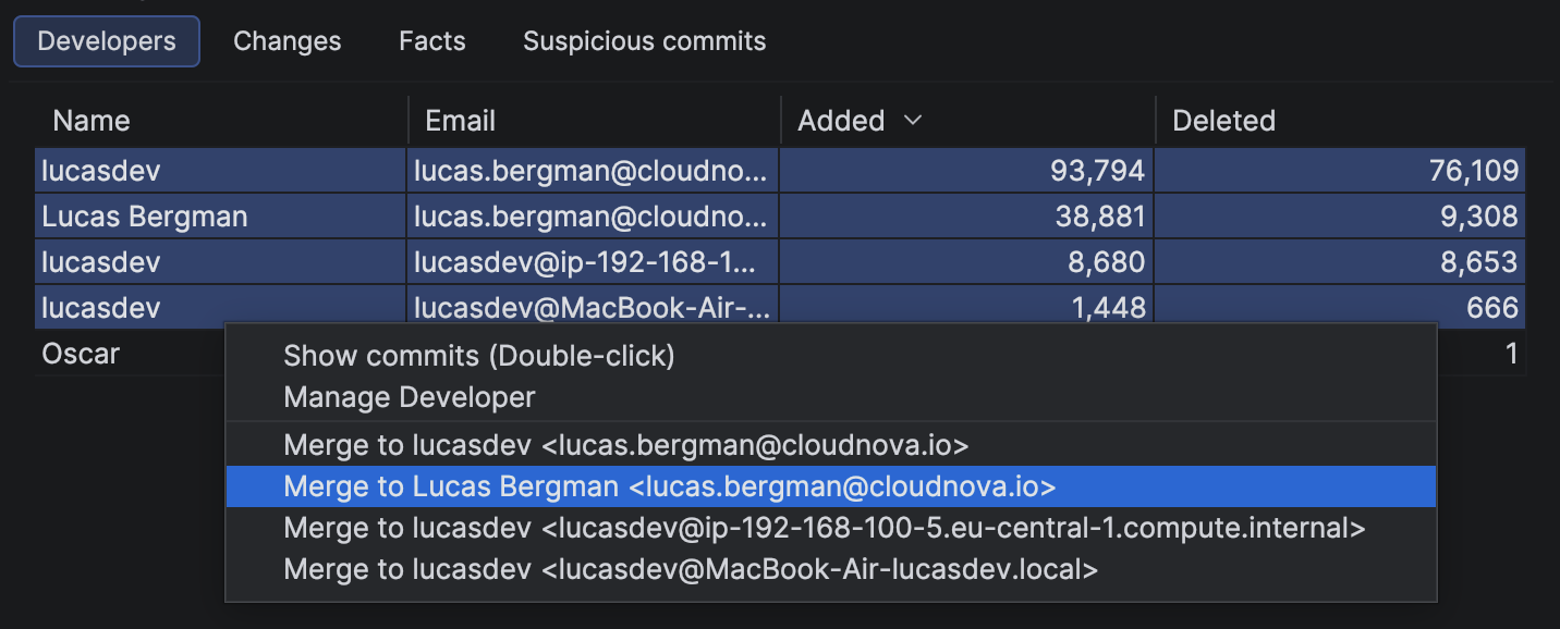 Developer Statistics table showing 4 entries for lucasdev with right-click Merge to... option