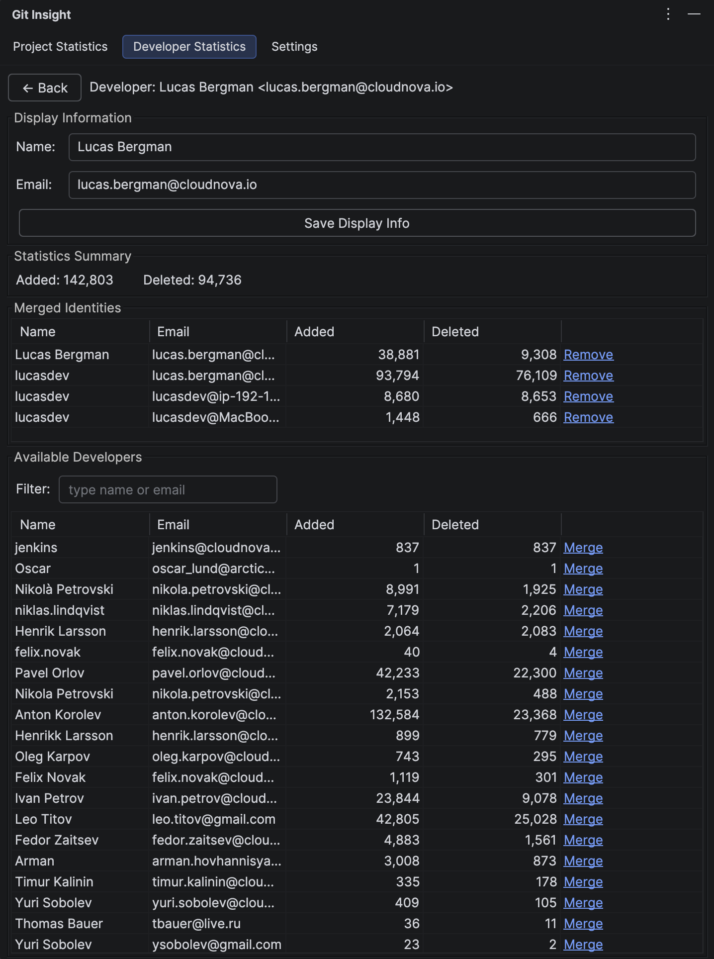 Merge Developers panel showing the full management interface for developer identity merging