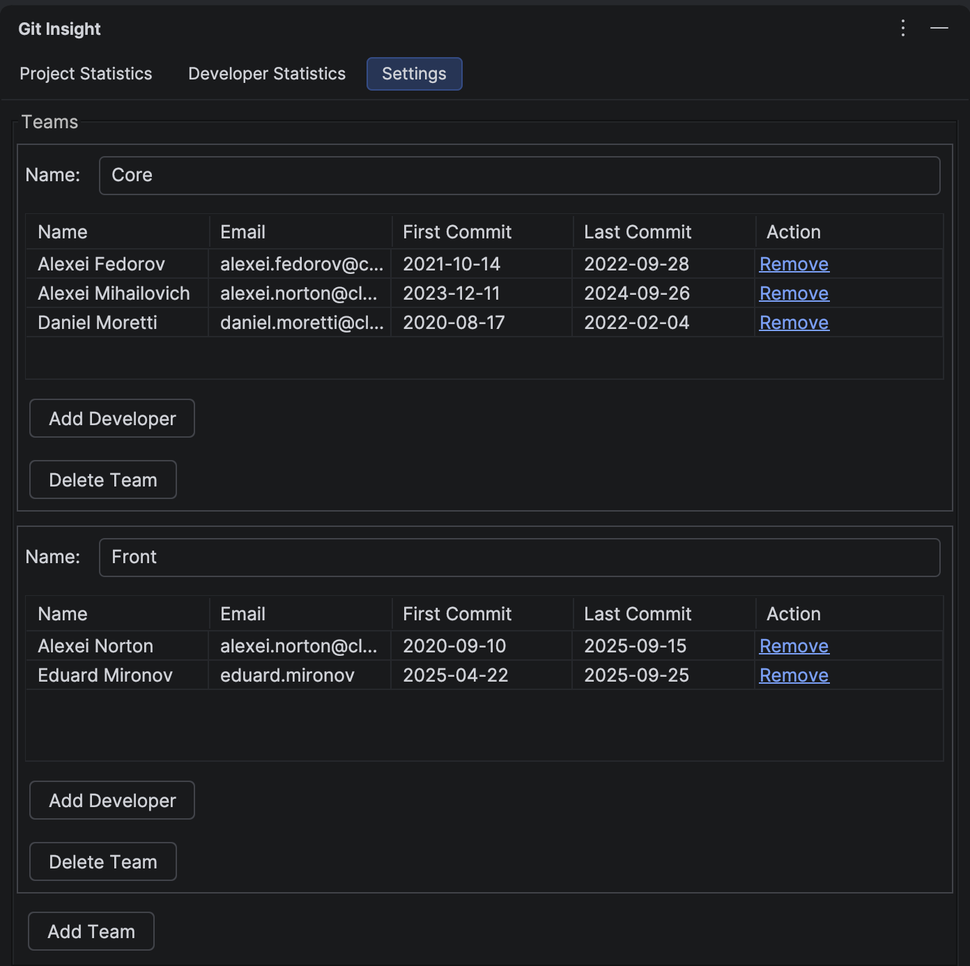 Developer teams settings editor