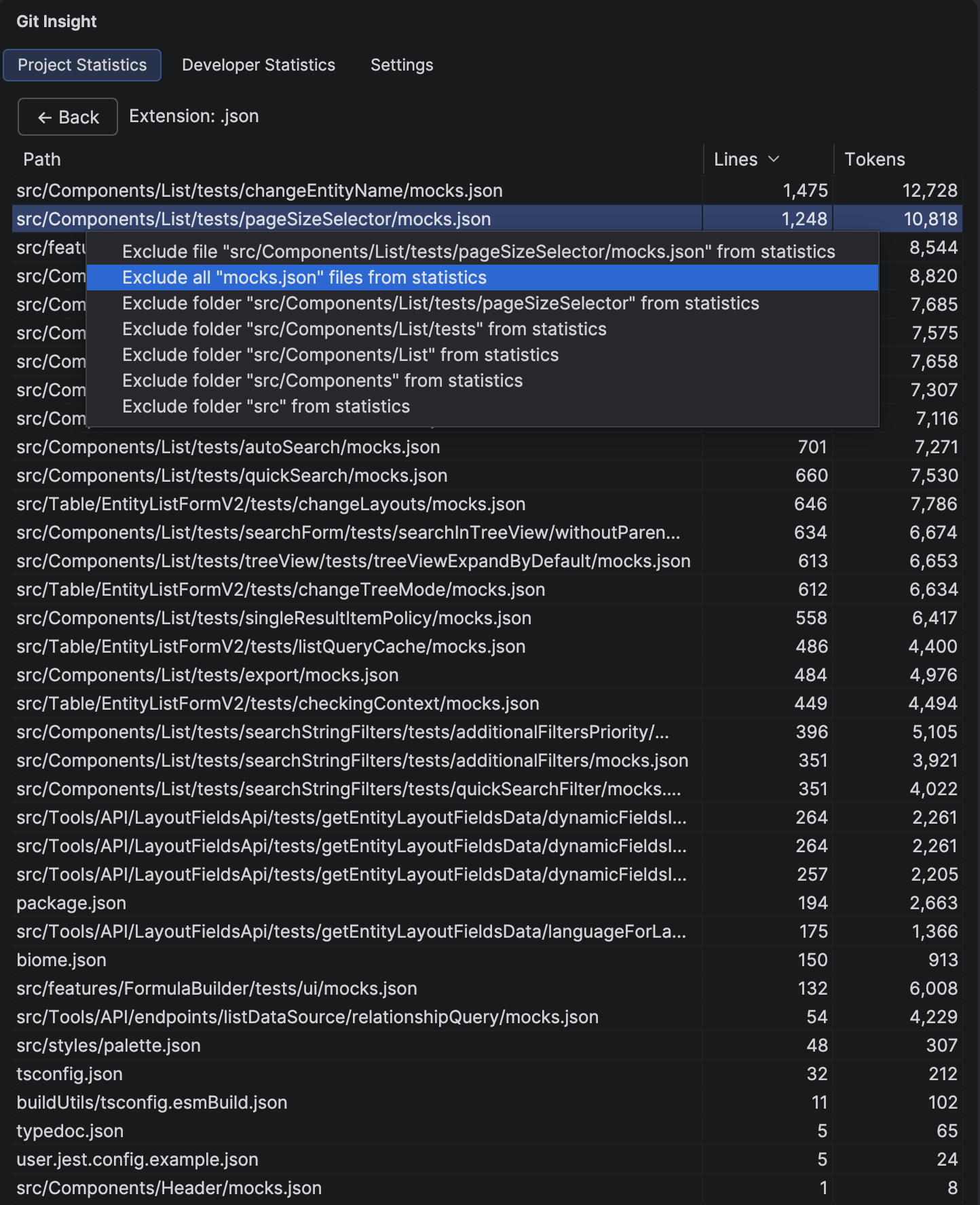 Extension Details panel showing individual files with their statistics