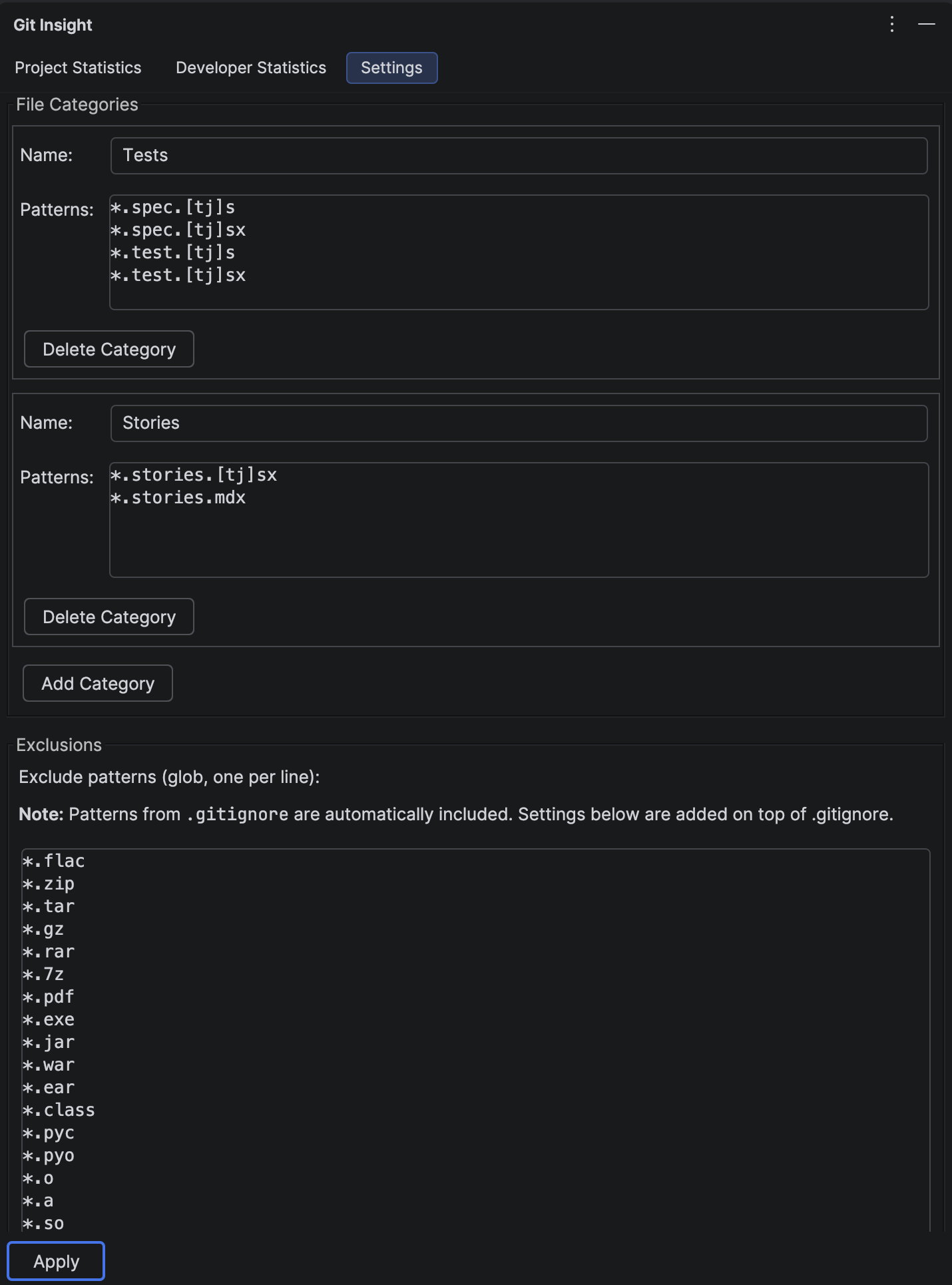 Settings panel showing category and exclusion configuration