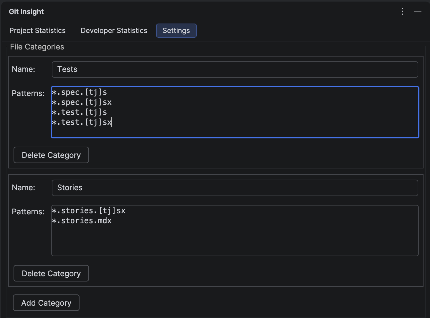 Git Insight Settings tab showing a Tests category with glob patterns for test files