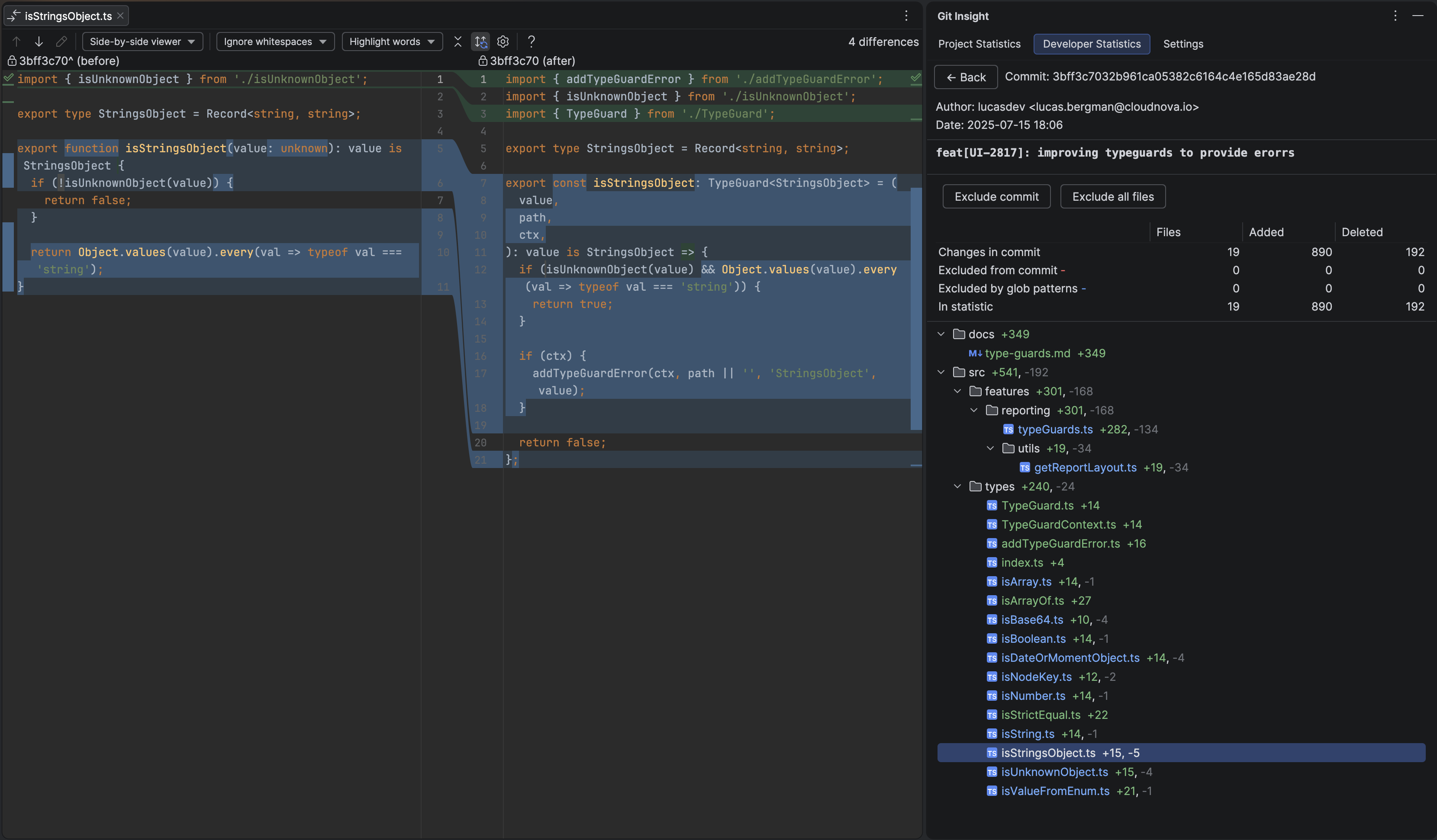 IDE editor showing code diff alongside Commit Details panel for drilling into specific changes